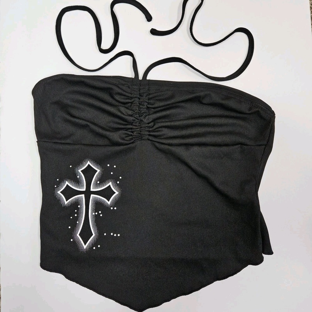 Gothic Black Halter Top Cross Graphic Y2K Emo Punk Grunge Streetwear Festival